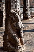 The great Chola temples of Tamil Nadu - The Airavatesvara temple of Darasuram. The peripheral columns of the  mandapa with seated yalis at the base. 